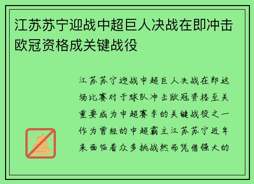 江苏苏宁迎战中超巨人决战在即冲击欧冠资格成关键战役