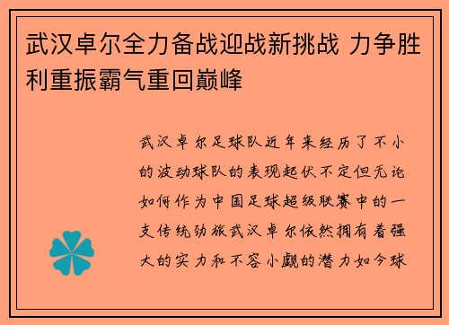 武汉卓尔全力备战迎战新挑战 力争胜利重振霸气重回巅峰