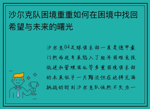 沙尔克队困境重重如何在困境中找回希望与未来的曙光