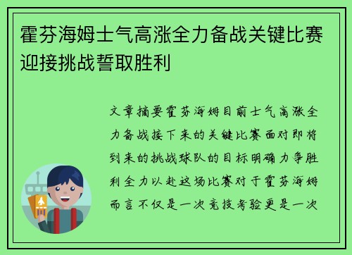 霍芬海姆士气高涨全力备战关键比赛迎接挑战誓取胜利