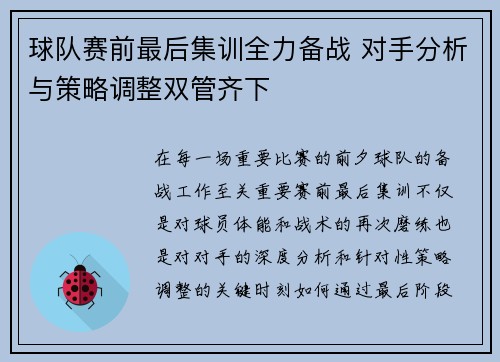 球队赛前最后集训全力备战 对手分析与策略调整双管齐下