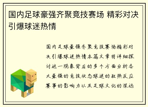 国内足球豪强齐聚竞技赛场 精彩对决引爆球迷热情